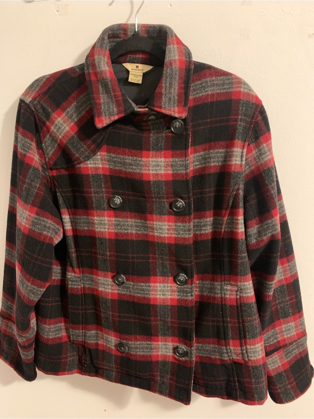 Woolrich Red and Gray Plaid Double-Breasted Pea Coat